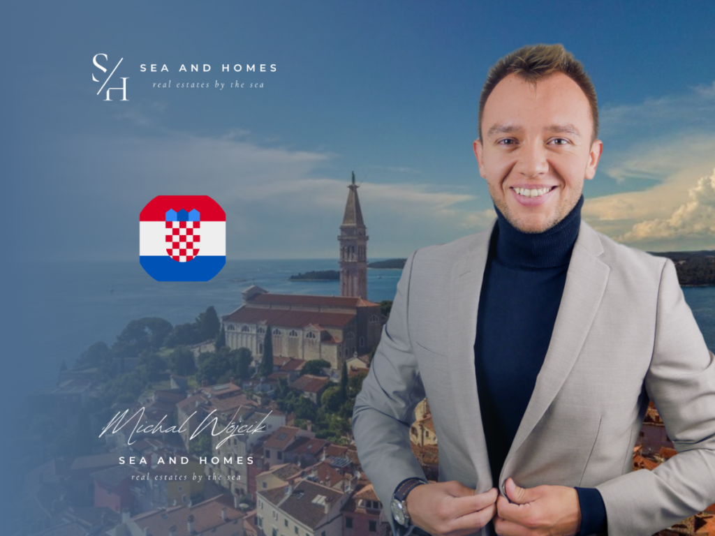 Nowy podatek od nieruchomości w Chorwacji 2026 - Michał Wójcik Sea and Homes, widok na Rovinj w Istrii i flaga Chorwacji