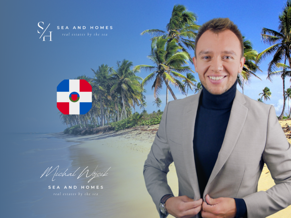 Baner artykułu: podatek od zysku kapitałowego w Dominikanie 2026, plaża Bavaro i flaga Dominikany