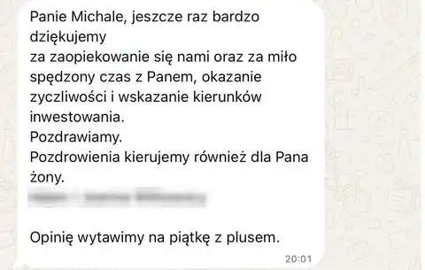 Wiadomość od klienta z podziękowaniem