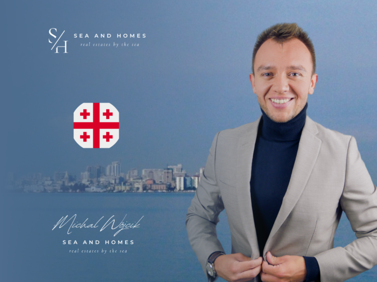 Rezydencja w Gruzji 2026 - baner artykułu, panorama Batumi i flaga Gruzji