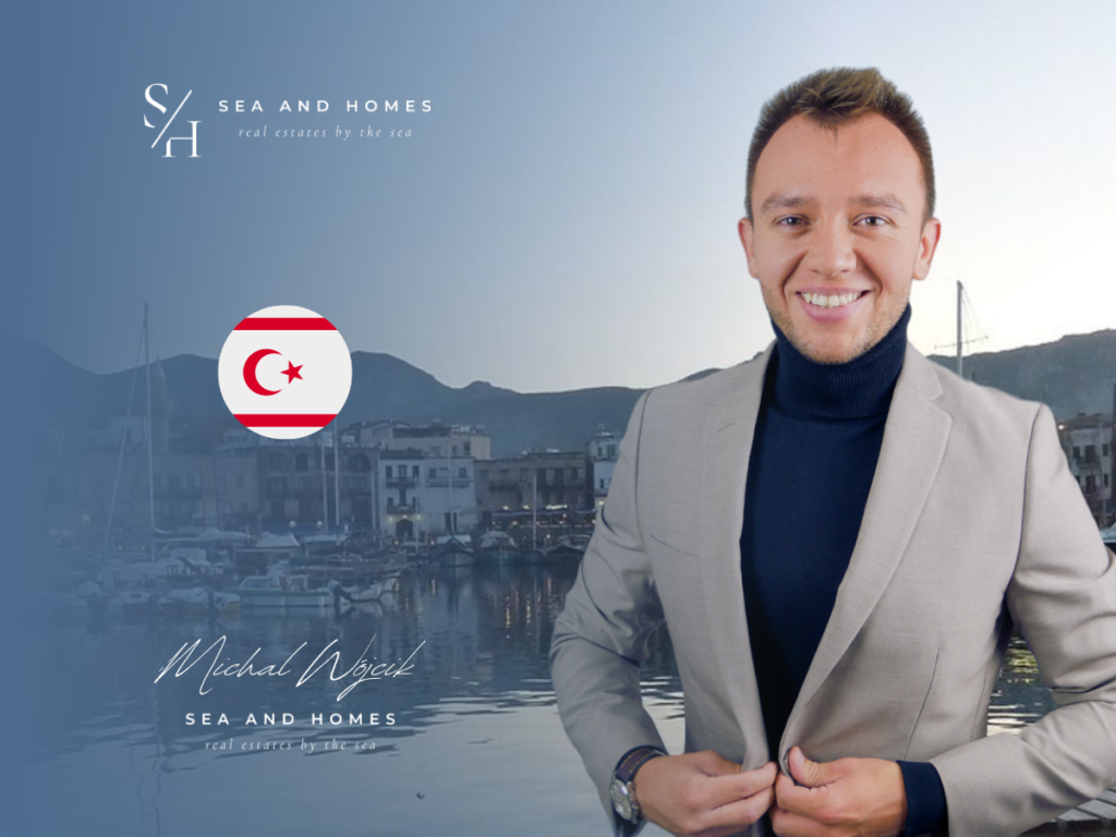 Port w Kyrenii o zmierzchu z flagą Cypru Północnego - baner artykułu o tytułach własności na Cyprze Północnym